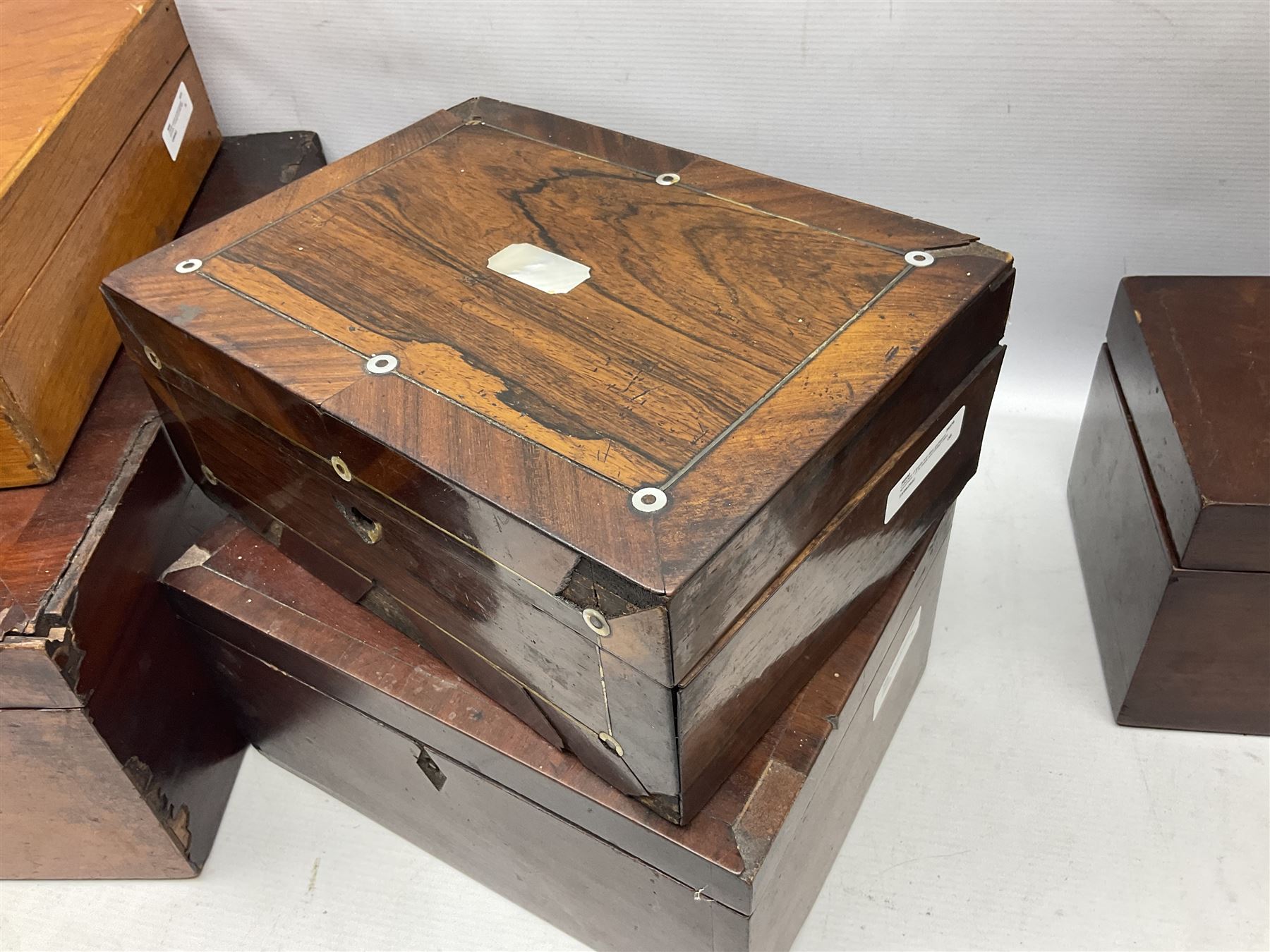 Collection of 19th century and later boxes for restoration, to include a mother of pearl inlay example, oak canteen, large mahogany example etc
