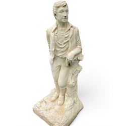Cast stone garden statue of a Regency style gentleman, modelled with a side parting and unbuttoned shirt with breeches, on a naturalistic rectangular base