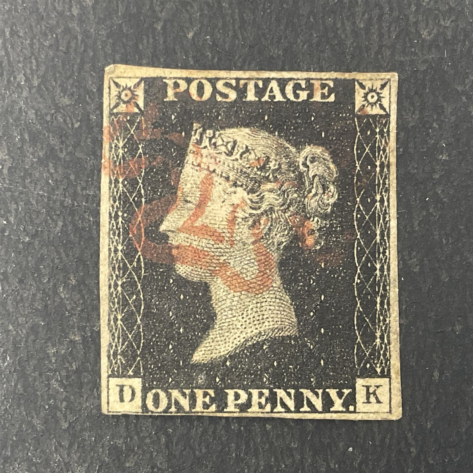 Great Britain Queen Victoria penny black stamp with red MX cancel and 1840 two pence blue stamp with black MX cancel