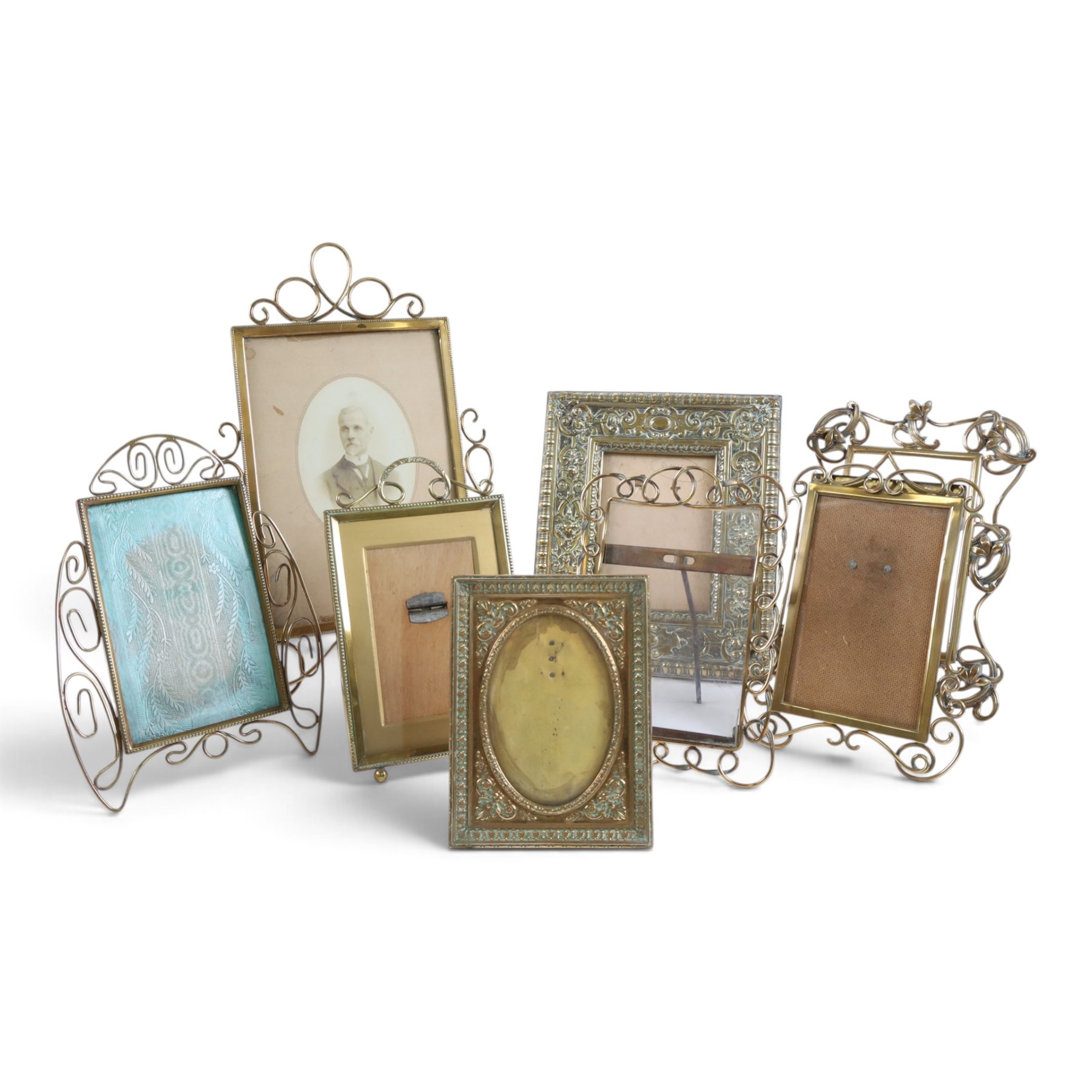 Collection of brass photo frames, including wire work examples, largest H37cm