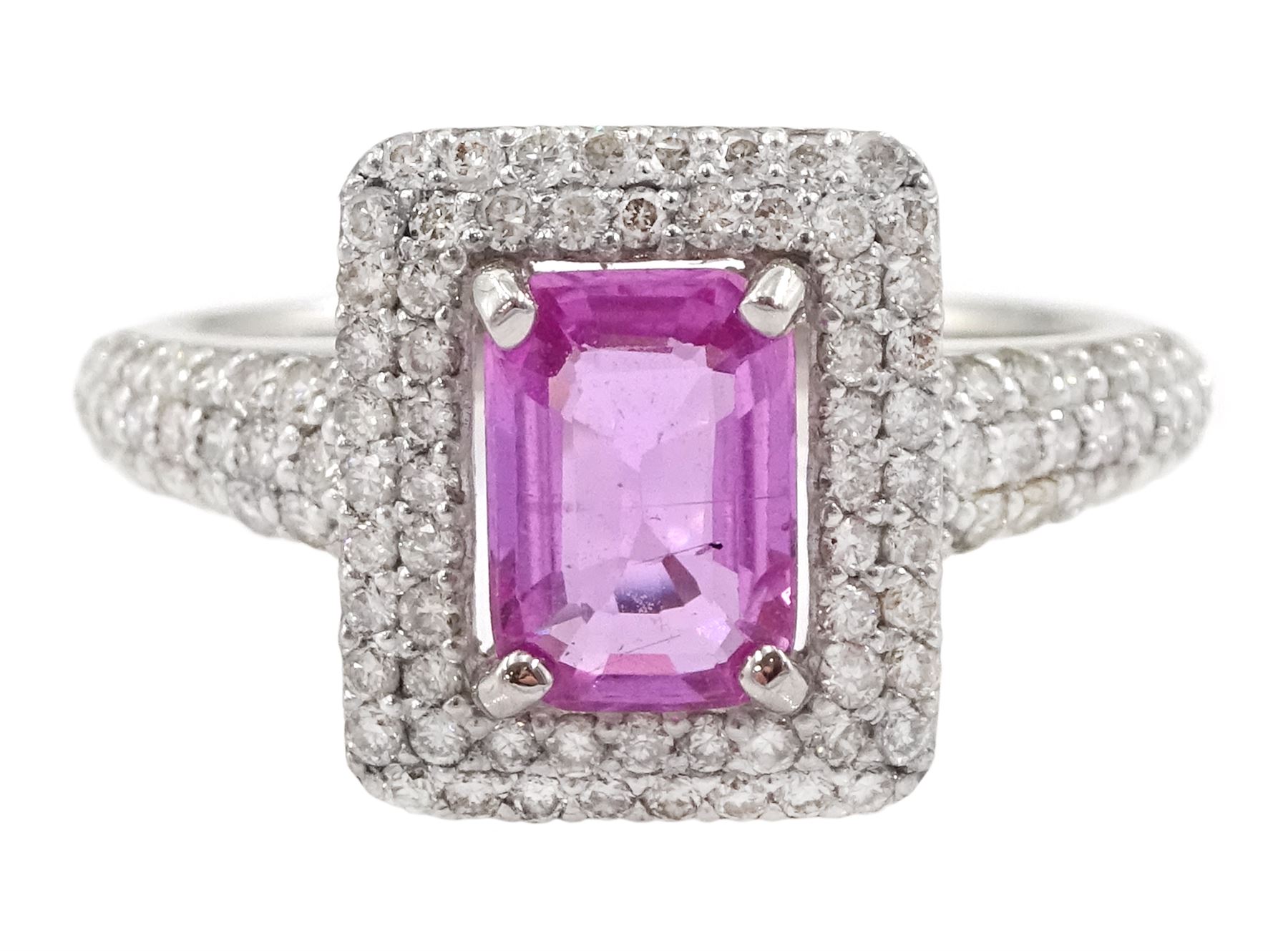 18ct white gold pink sapphire and diamond cluster ring, with diamond set shoulders, stamped sapphire approx 0.85, total diamond weight 0.62