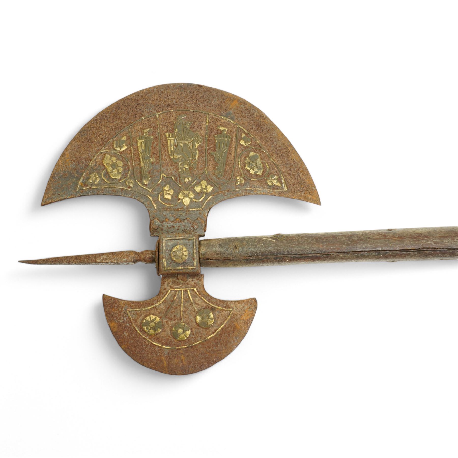 Eastern Ottoman axe with decorated double blade and wooden haft L72cm, dagger with rounded pommell, 19th century sheath knife and an Aboriginal shield decorated with kangaroo etc