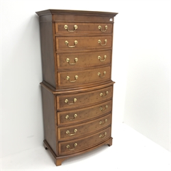 Georgian style inlaid mahogany chest on chest, eight graduating drawers, ogee bracket supports, W77cm, H157cm, D43cm
