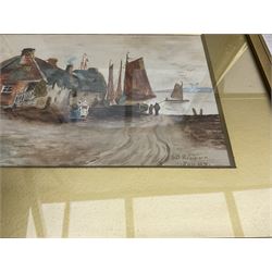 Four 19th/20th century watercolours, pair 19th century Yorkshire engravings, two 20th century gilt framed oils, and various further prints