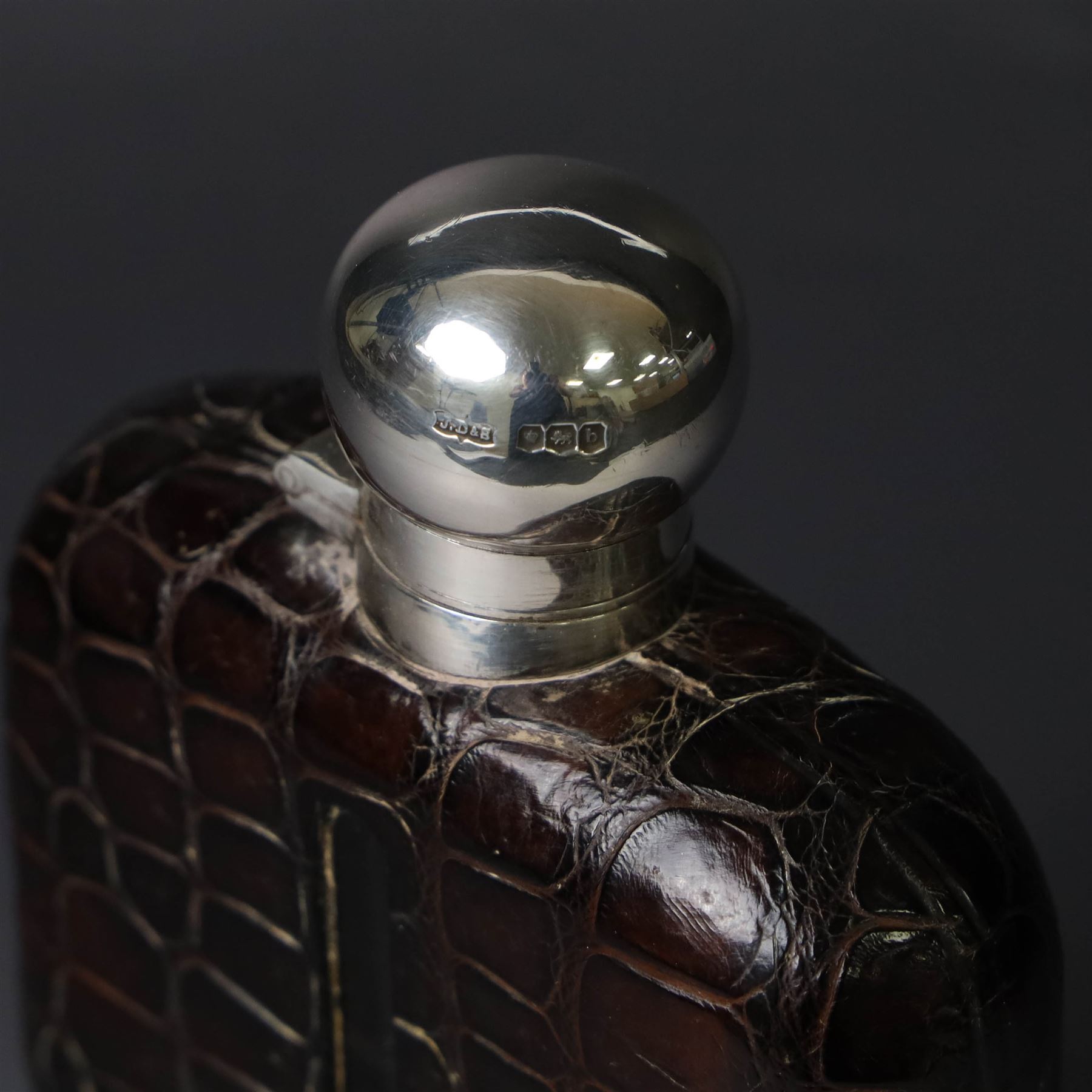 Early 20th century silver and leather mounted glass hip flask, with silver cover and removable silver cup engraved with name and date, hallmarked James Dixon & Sons Ltd, Sheffield 1919, H15cm