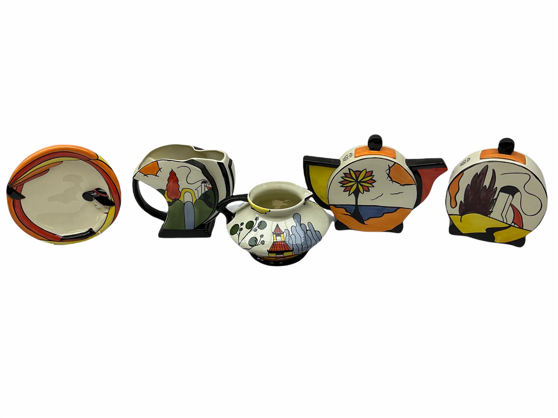 Lorna Bailey Old Ellgreave Pottery, comprising teapot in beach design, circular jar in house and path design, shell jug in Bridge and stream design, squat jug in Pagoda design and plate decorated with an Art Deco woman, all with printed and painted marks. 