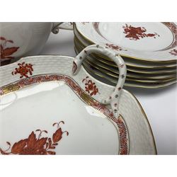Herend Chinese Bouquet Rose pattern tea service comprising teapot, coffee pot, open sucrier, six cups and saucers, six tea plates, cream jug and stand, milk jug, two teabag holders, preserve pot, two leaf shaped dishes, four egg cups, salt & pepper pots, pair side plates and another plate