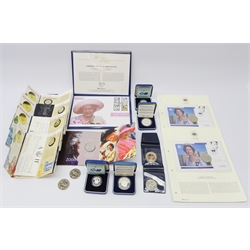  Collection of modern commemorative coins including two 1981 silver proof crowns and two 1986 silver two pound coins, all cased with certificates, four 1994 brilliant uncirculated two pound coins, various five pound coins and 2002 'Great Britain Queen Mother Silver Proof Coin Cover' etc   
