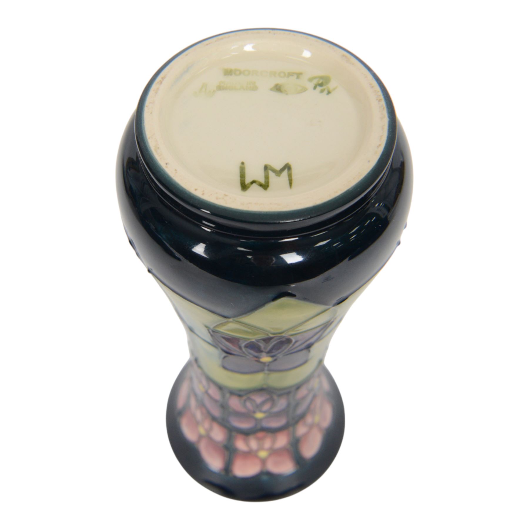 Moorcroft vase Violets pattern, of slender fluted form, with original box H21cm