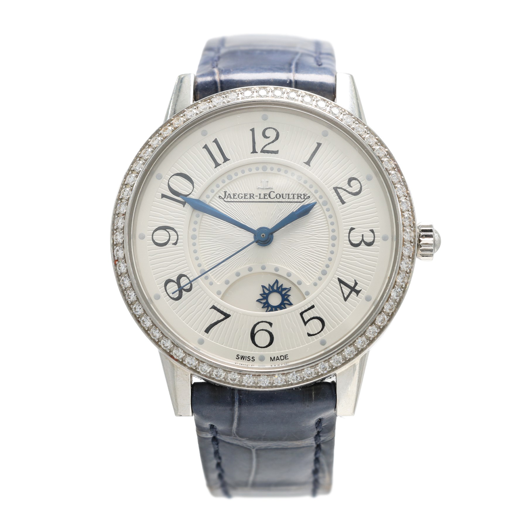 Jaeger-LeCoultre Rendez-Vous Night & Day ladies stainless steel diamond automatic wristwatch, Ref. 344.8.37.S, silvered dial with Arabic hour markers, on blue leather strap with fold-over clasp, boxed with original receipt dated 2019