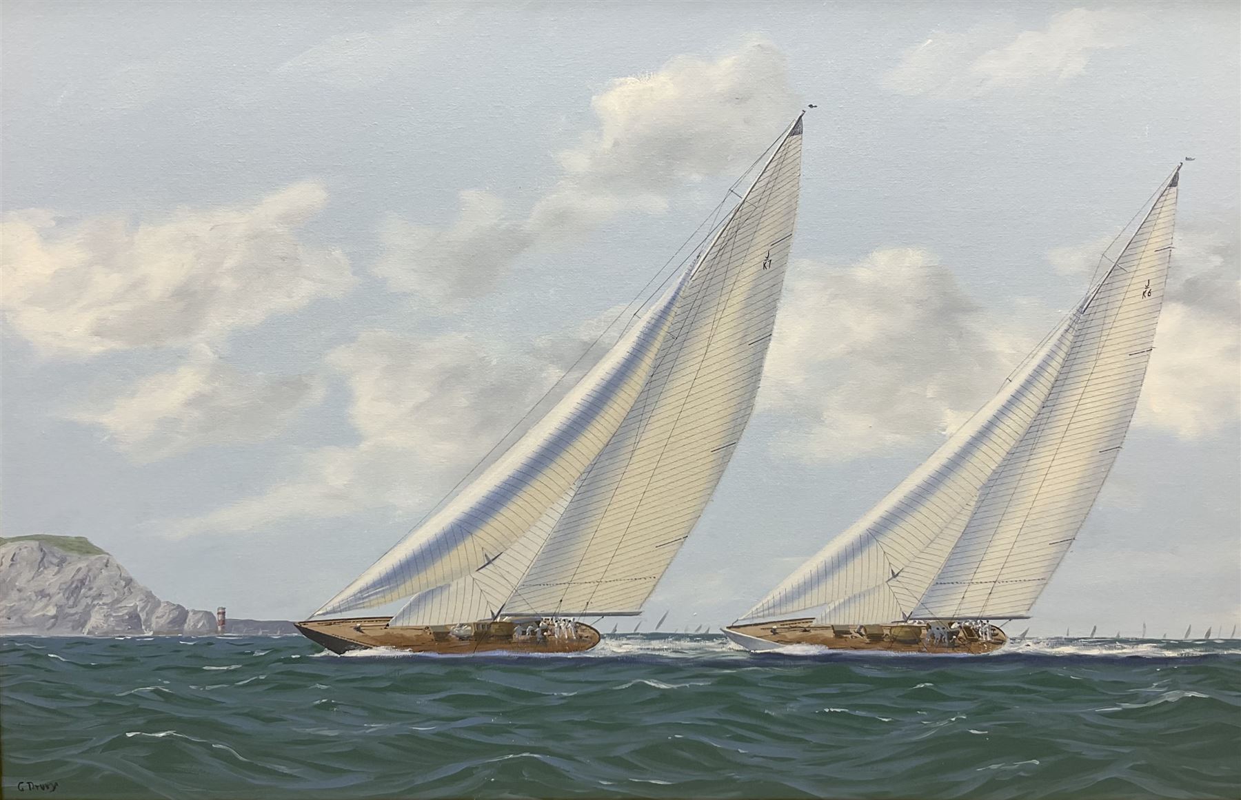 George Drury (British 1950-): J Class Racing Yachts - 'Velsheda and Endeavour off the Needles',  oil on board signed, titled verso 47cm x 73cm