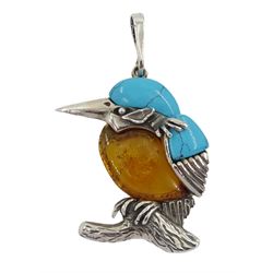 Silver turquoise and Baltic amber kingfisher pendant, stamped 925