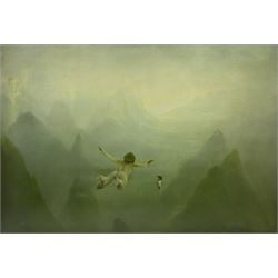 Peter Van Straten (South African 1972-): 'Breast-Stroke' Flying Girl and Terrier, oil on canvas laid on board signed, titled verso 95cm x 139cm (unframed)
Provenance: with Knysa Fine Art, 8 Grey St., Knysa, South Africa, label verso