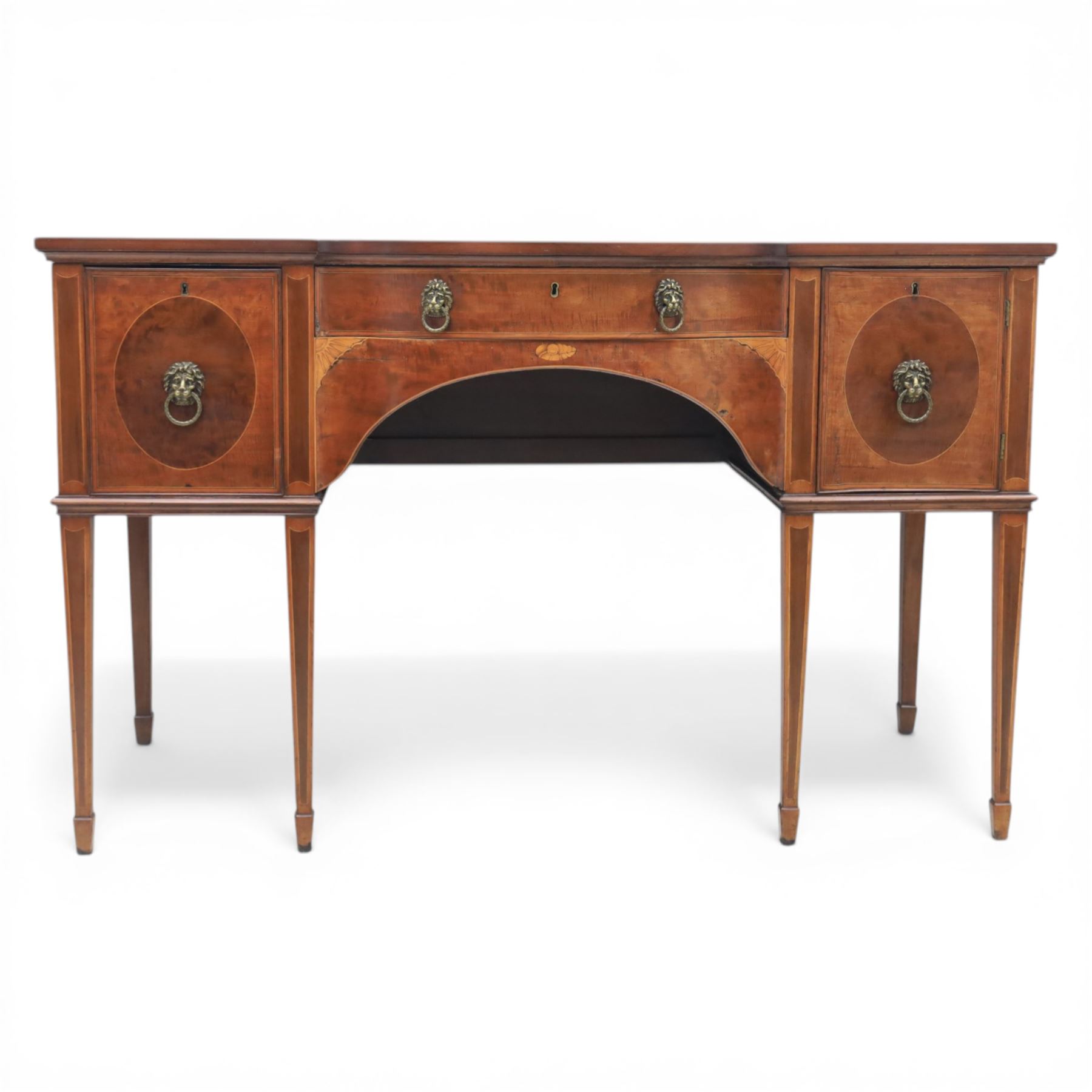George III Sheraton design serpentine inlaid mahogany and satinwood sideboard