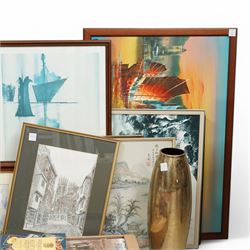 Large collection of prints, original oil of Chinese Junk ships, quantity of books, mainly historical and art related, two chess boards and figures, etc 