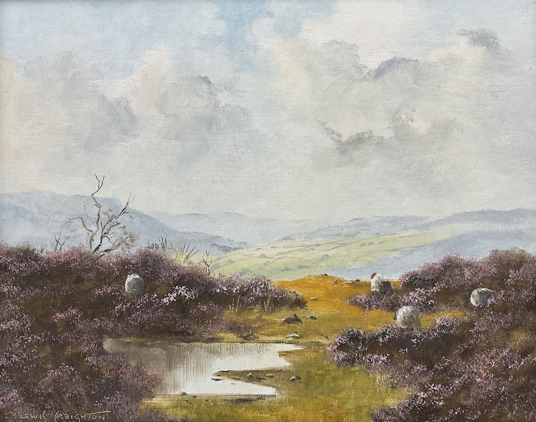 Lewis Creighton (British 1918-1996): Sheep in the Heather, oil on board signed 39cm x 49cm 