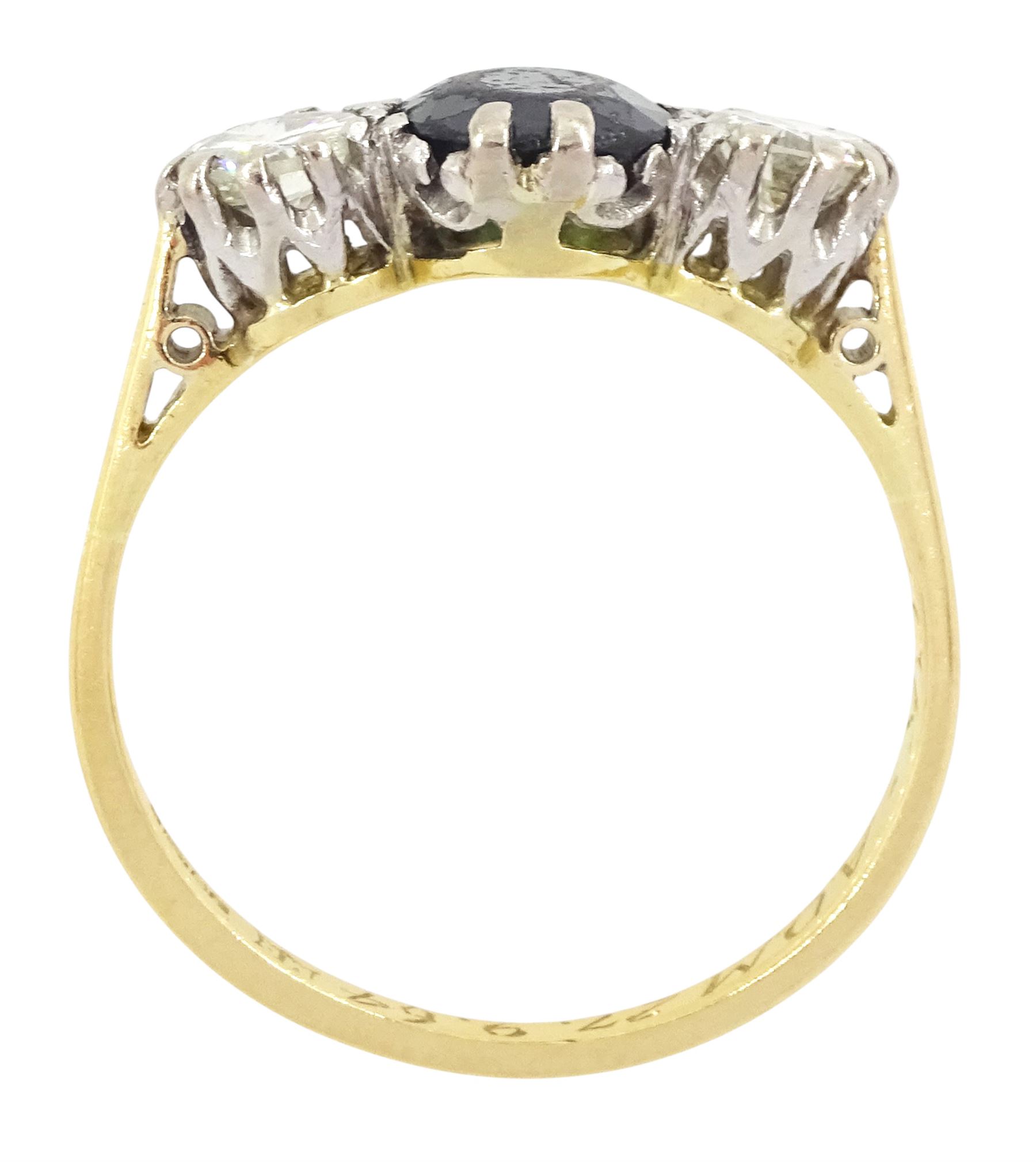 18ct gold sapphire and diamond three stone ring, single oval cut sapphire, with two round brilliant cut diamonds set either side, Sheffield 1987, total diamond weight approx 0.60 carat
