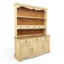 20th century painted pine dresser, moulded cornice above shaped frieze and two open plate ...
