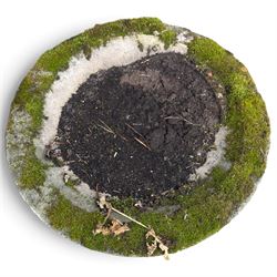 Weathered cast stone birdbath, circular bowl over a lobed baluster pedestal on circular base; weathered cast stone sundial of squared form with re-entrant corners and removable metal sundial with personified death motif