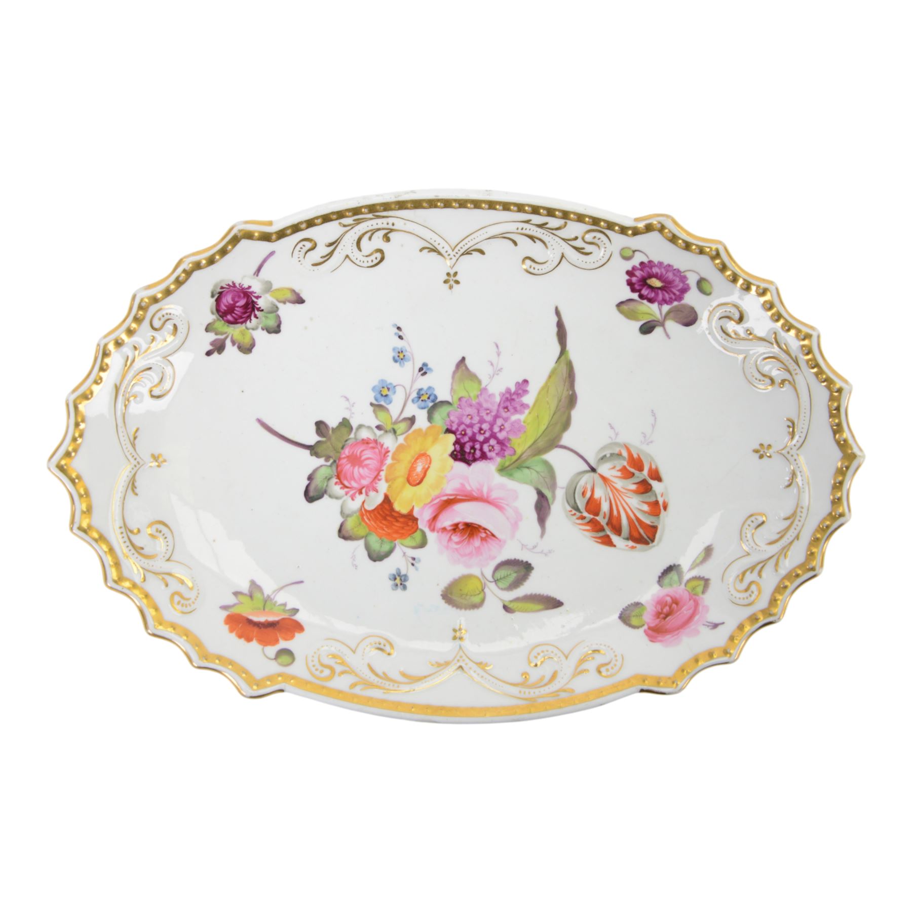 19th century porcelain dessert plate, of unusual shaped oval form, attributed to William Billingsley and painted with floral spray and sprigs, against a moulded scroll and beaded surround and edge, heightened with gilt, W25cm