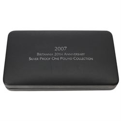 The Royal Mint United Kingdom 2007 'Britannia 20th Anniversary' silver proof one pound coin collection, cased with certificate