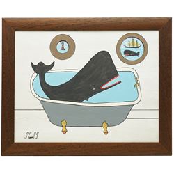 Steve Camps (Cornish 1957-): 'Burts Bathtime with Sid Looking On', oil on panel signed, dated 2024 verso 34cm x 44cm
Notes: Cornish artist Steve Camps, a retired builder turned painter in 2023, creates charming naïve-style whale paintings framed in antique finds, quickly gaining acclaim and commanding high prices through Sailors Jail Gallery in Falmouth