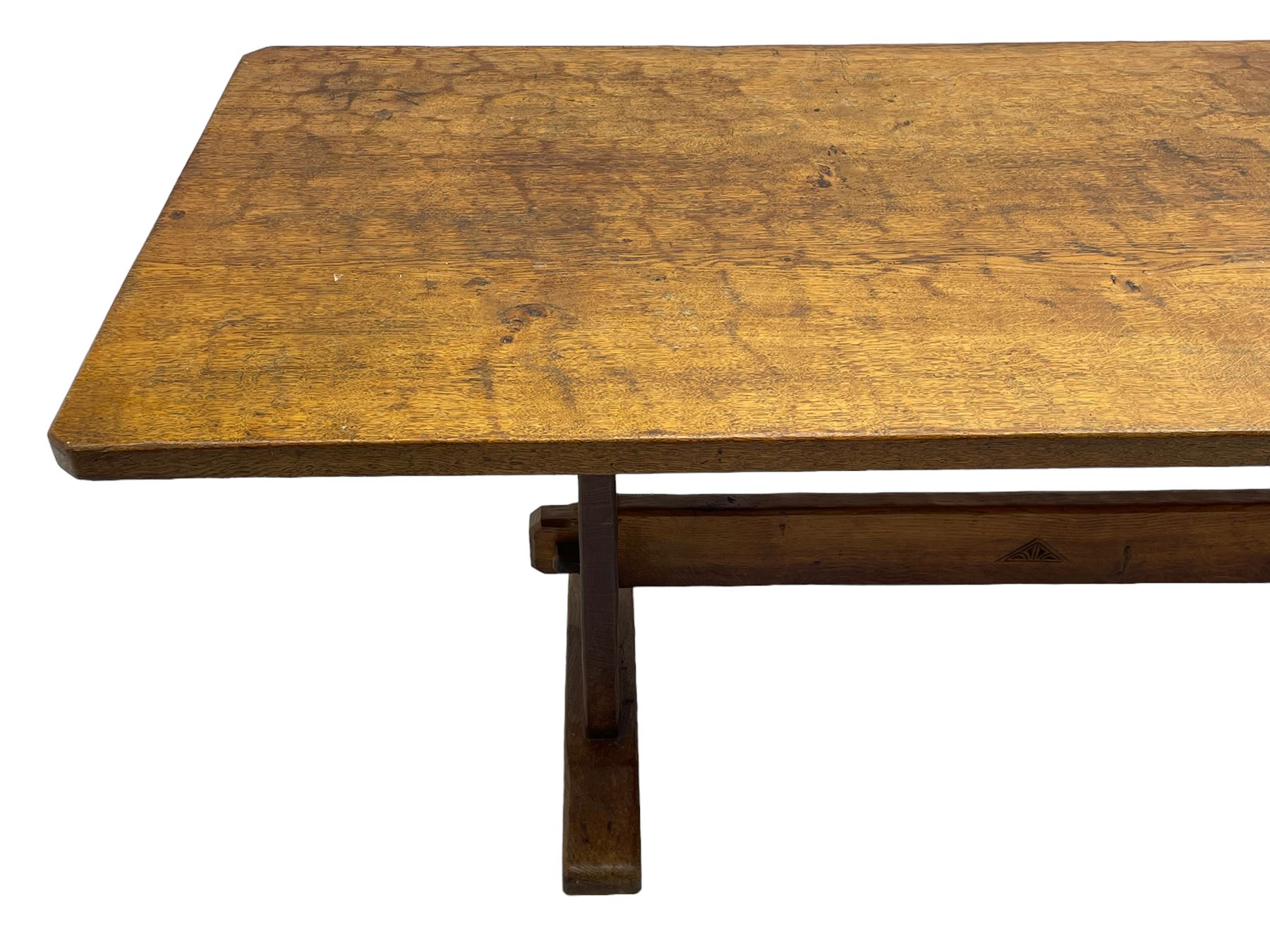 Yorkshire Oak 'Kingpost' - oak dining table, rectangular adzed top on tapered end supports, united by pegged stretchers carved with kingpost signature, on sledge feet, by Robert Ingham, Burton Leonard, Harrogate 