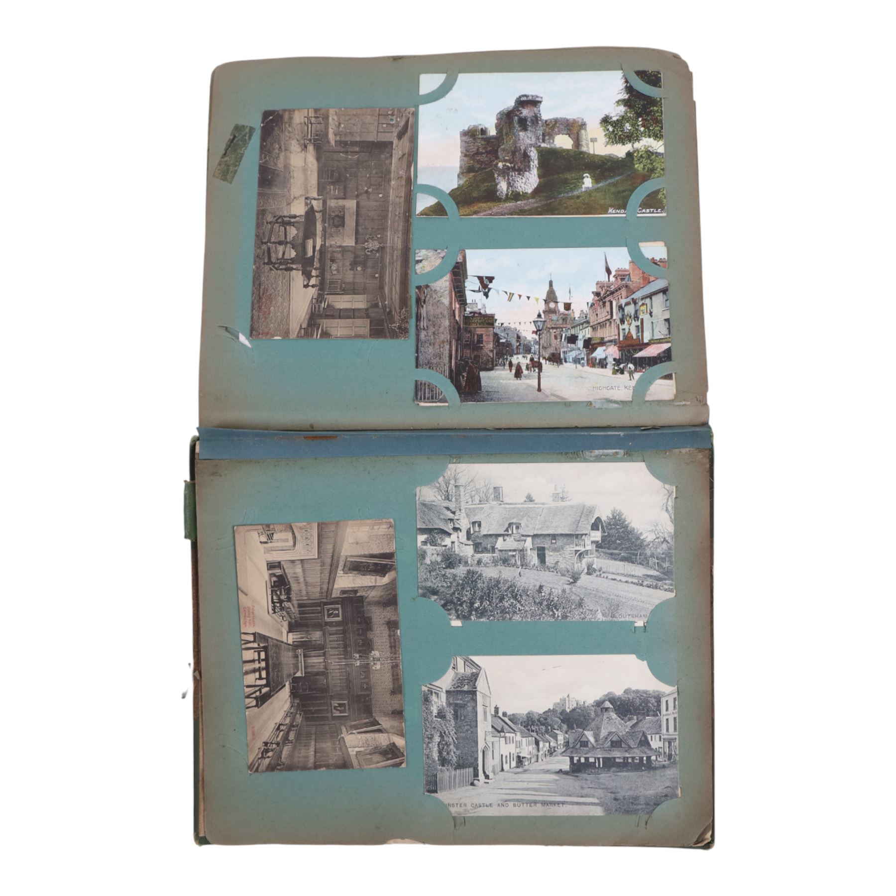 Collection of early 20th century postcards and greetings cards, including WWI embroidered silk Christmas card, black and white family photographs, 1920s birthday cards, black and white and colour postcards of Margate, Ramsgate, Blackpool etc, housed in three postcard albums