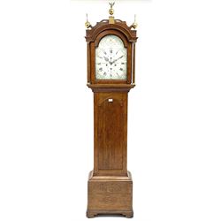 Early 19th century oak longcase clock, the enamel dial decorated with raised gilt trailing scrolls, signed 'Amyot & Bennett, Norwich', 8-day movement striking on bell