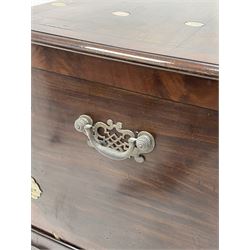 19th century camphor wood and mahogany silver chest, the hinged banded top with circular brass mounts which secure the interior strap hinges, fretwork metal strapping to the corners, on stand with plain frieze and acanthus carved cabriole ball and claw feet