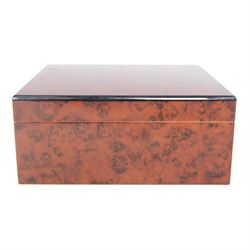 Birdseye maple humidor, together with watch organiser, the hinged lid opening to ten cushioned sections, with draw beneath  