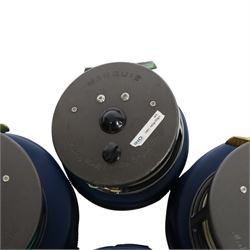 Four Hardy Bros Marquis fly fishing reels, comprising three No. 3 salmon reels and a No.1 Salmon reel, all within blue Hardy cases