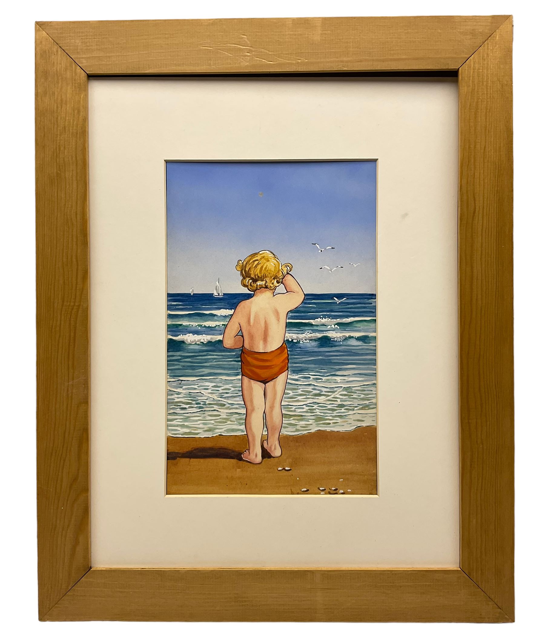 Madge Williams (British 1903-1986): 'My Baby's Got Rhythm', gouache signed together with 'Walkers Big Painting Book Number 12' 'Bumping Boats' 'Attracted to Bouys' and 'I See the Sea Now', set of four original gouache 1950's style postcard illustrations unsigned max 22cm x 31cm (5)