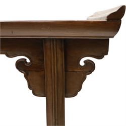 Chinese elm altar table, rectangular plank top with galleried sides, raised on reeded square supports with scrolled spandrels
