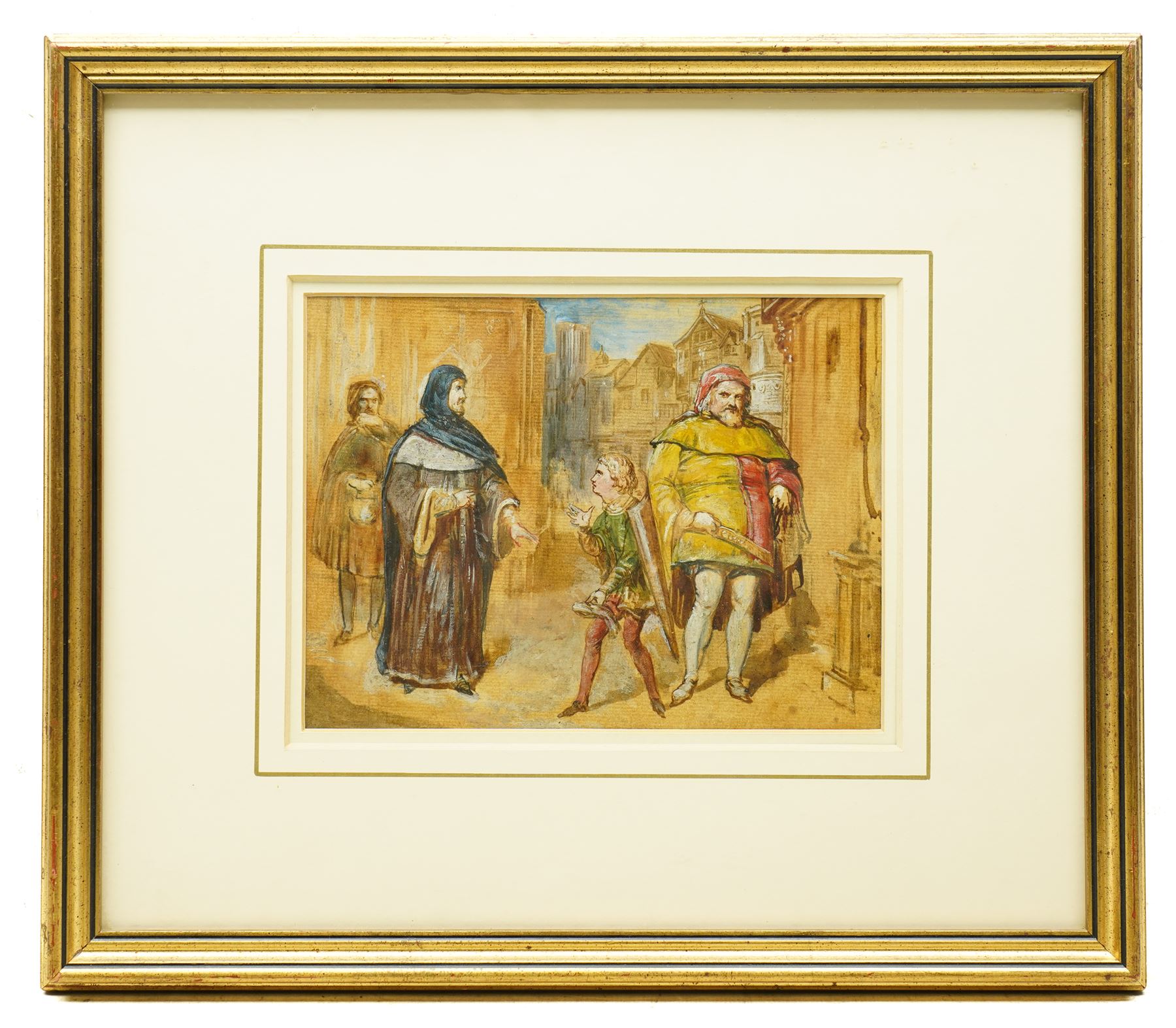 Northern European School (Late 19th century): Medieval Street Scene with Cleric and Boy, watercolour and gouache unsigned 16cm x 21cm