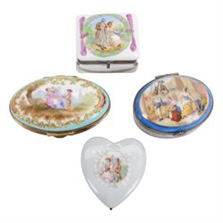 Ten porcelain boxes, of various form, each with printed decoration of figures