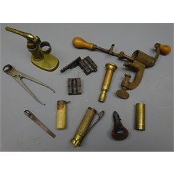  Cartridge making equipment including steel bullet mould,12 bore brass stand and sizer, Ideal Middlefield mould, etc   