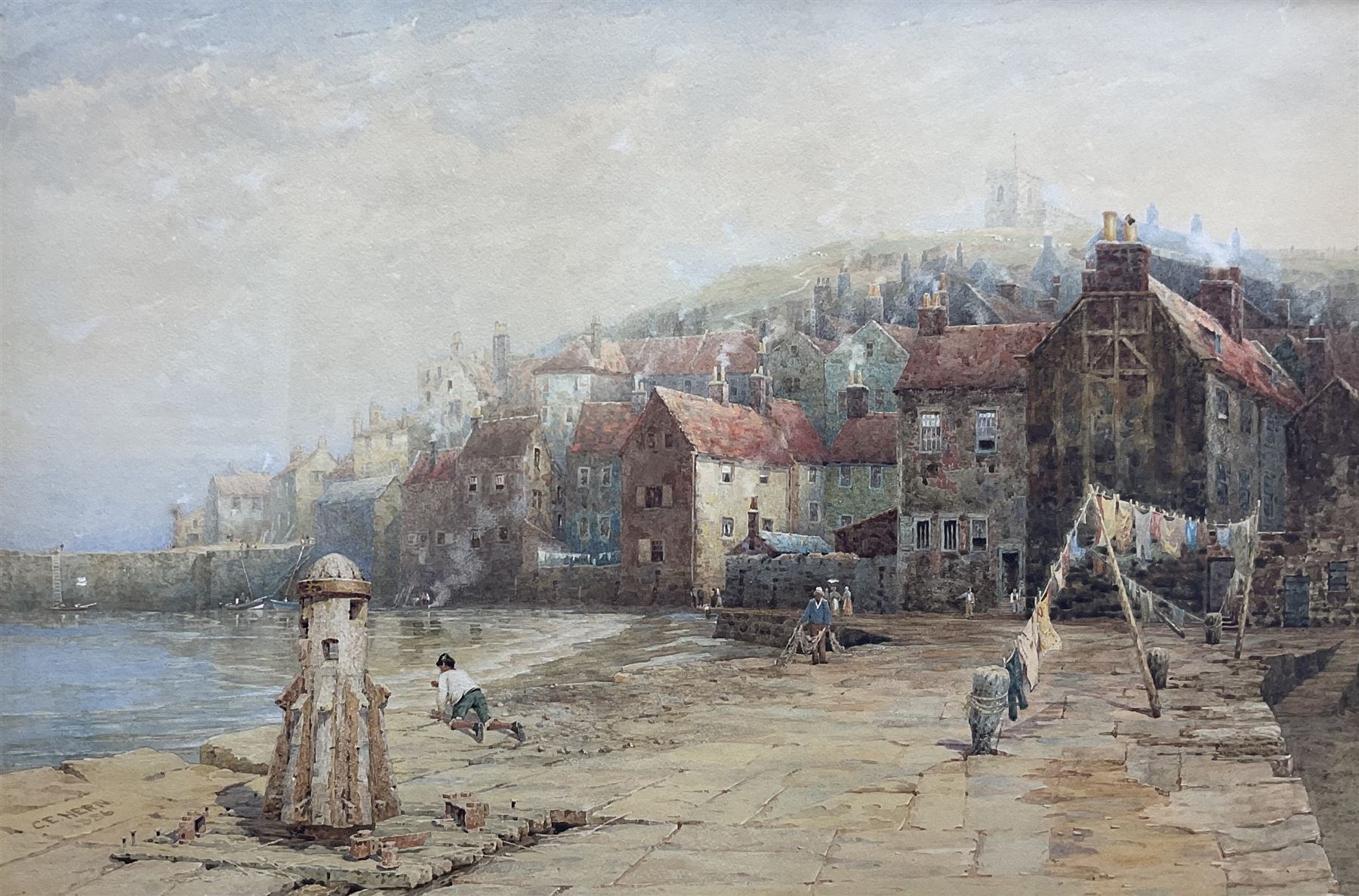 Charles Edward Hern (British 1848-1894): 'Fish Pier - Old Town Whitby', watercolour signed and dated 1886, titled on exhibition label verso 35cm x 53cm 
Provenance: private collection, purchased David Duggleby Ltd 3rd September 2012 Lot 94; exh. Royal Institute of Painters in Water Colours, label verso