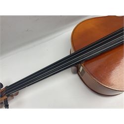 German half-size cello with 69cm two-piece maple back and ribs and spruce top; L112.5cm overall; in soft carrying case with two bows