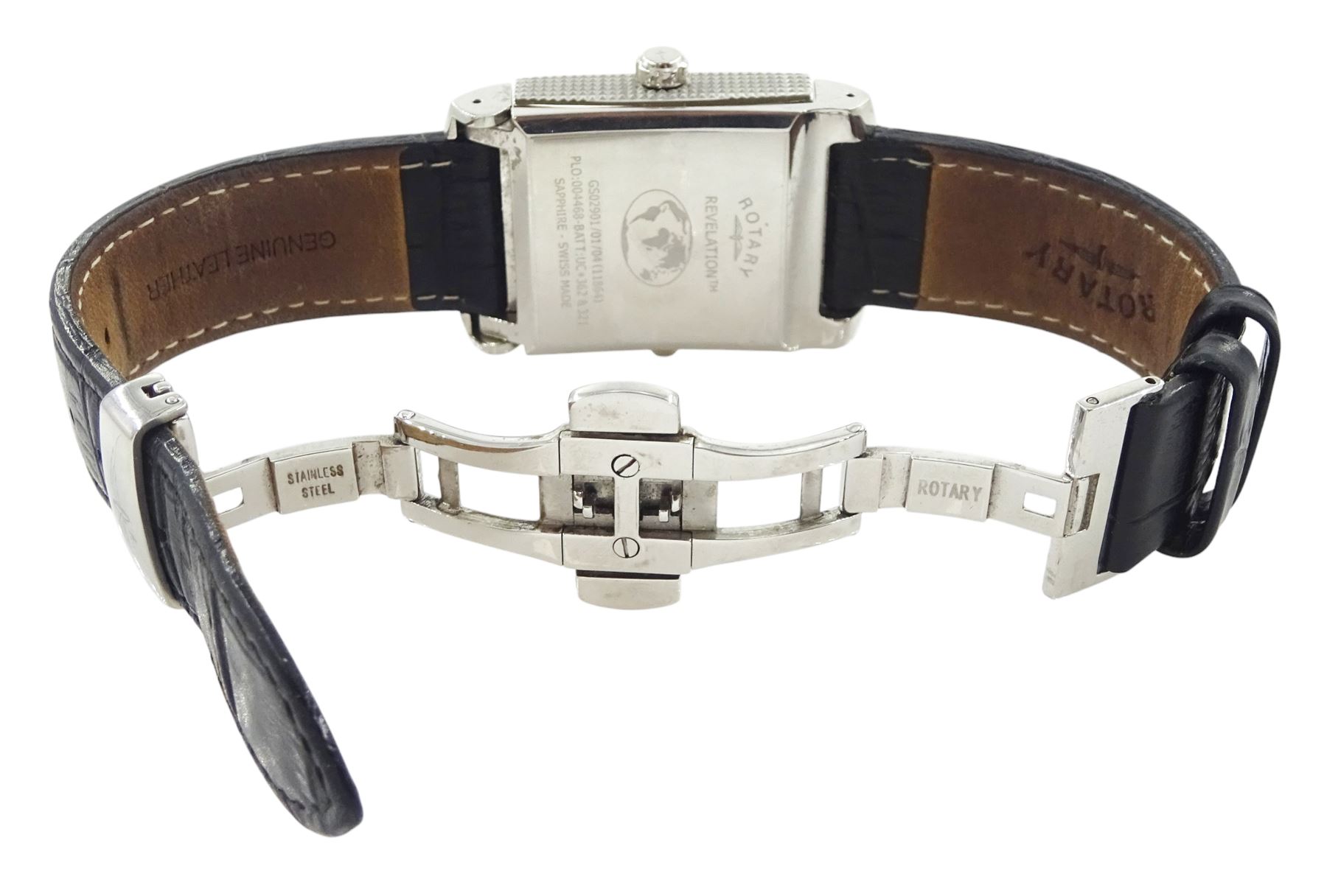 Rotary Revelation reversible night and day gentleman's stainless steel quartz wristwatch, silvered dial with Roman numerals, reversing to a second black dial with baton hour markers, both with subsidiary seconds dials, on original black leather strap, with fold-over clasp, boxed with guarantee dated 2008
