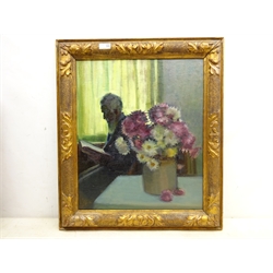  Olive Bagshaw (Northern British fl.1965-1978): Old Man Reading with a Vase of Flowers, oil on canvas laid on board unsigned 53cm x 45cm Provenance: from the Artist's Studio Sale. Miss Bagshaw who was born in Salford, received her formal art training at Salford and Manchester Art School. Her work has been regularly accepted at the Royal Society of Portrait Painters, the Royal Academy and Federation of British Artists (Information from a 1970's Monks Hall Museum and Gallery exhibition catalogue)  DDS - Artist's resale rights may apply to this lot  