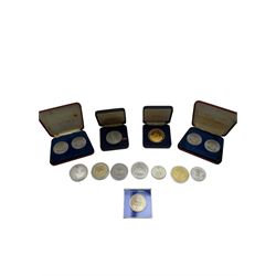 Coins including Queen Elizabeth II Bermuda 1964 crown, Britain's first decimal coins sets in blue wallets, various commemorative crowns, 2018 S and Q uncirculated ten pence coins on cards, five pound coins etc