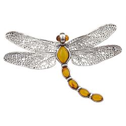 Silver amber dragonfly brooch, stamped 925