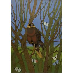 Yves Billet (Belgian 1934-1991): Surrealist Hawk and Butterflies, gouache signed 75cm x 53cm