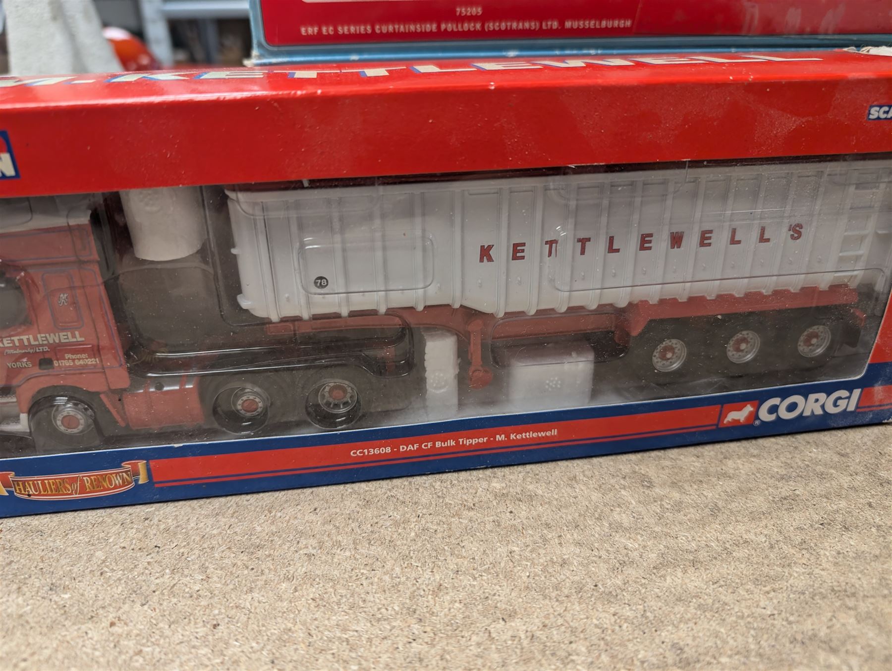 Five Corgi limited edition 1:50 scale lorries, comprising CC13608 M.Kettlewell DAF CF Bulk Tipper, C13518 Volvo FM Feldbinder Tanker, two CC18809 Mercedes Benz Actros Curtainside Pollock Scotrans Ltd and 75205 ERF EC Series Curtainside Pollock Scotrans Ltd, all boxed