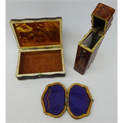  Collection of five serpentine and rectangular 19th century Tortoishell Jewellery boxes, three on ivory feet, an Etui case and a Continental purse, mounts stamped WP93, W15cm max, (7) Provenance Sotheby's Amsterdam 14-17 March 2011   