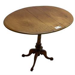 Victorian mahogany side table, oval drop-leaf moulded top with swivel action, turned and twist carved stem on four out-splayed supports carved with scrolls (81cm x 61cm, H74cm); set of three Victorian mahogany dining chair, the cresting rail carved with central flower head motif, upholstered seat on turned supports; small elm stool on turned supports; George III mahogany side chair (a/f); and a Regency design dining chair upholstered in buttoned green fabric (7)