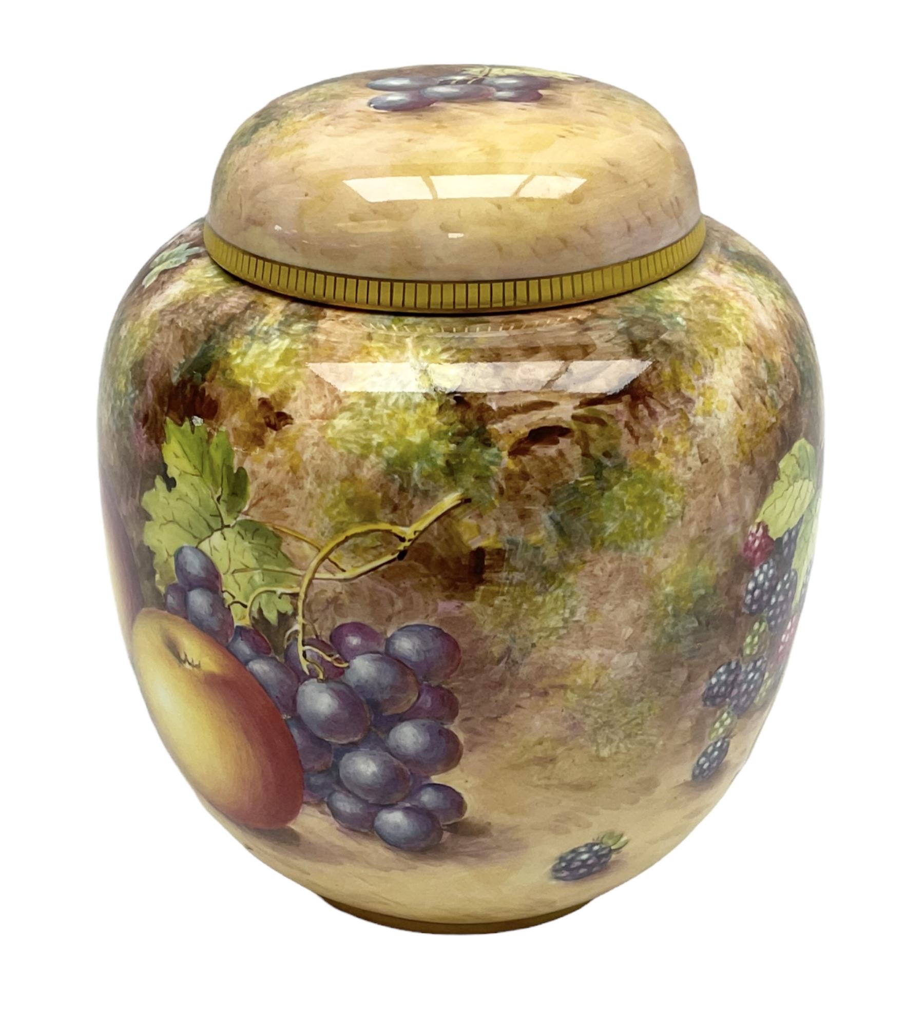 Mid/late 20th century Royal Worcester ginger jar and cover decorated by John Freeman, hand painted with a still life of fruit upon a mossy ground, signed Freeman, with black printed mark beneath and painted shape number 2826, H17.5cm