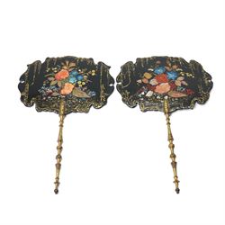 Pair of Victorian lacquered papier mache face screens, with inlaid mother of pearl decorat...