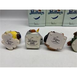 Seven Robert Harrop figures from the Feathers collection, modelled as anthropomorphic birds comprising Blue Tit Milkman, Mallard Boatman, Pheasant Lord of the Manor, Owl School Master, Woodpecker Forester, Swallow Aviator and Seagull Fisherman, all with original boxes